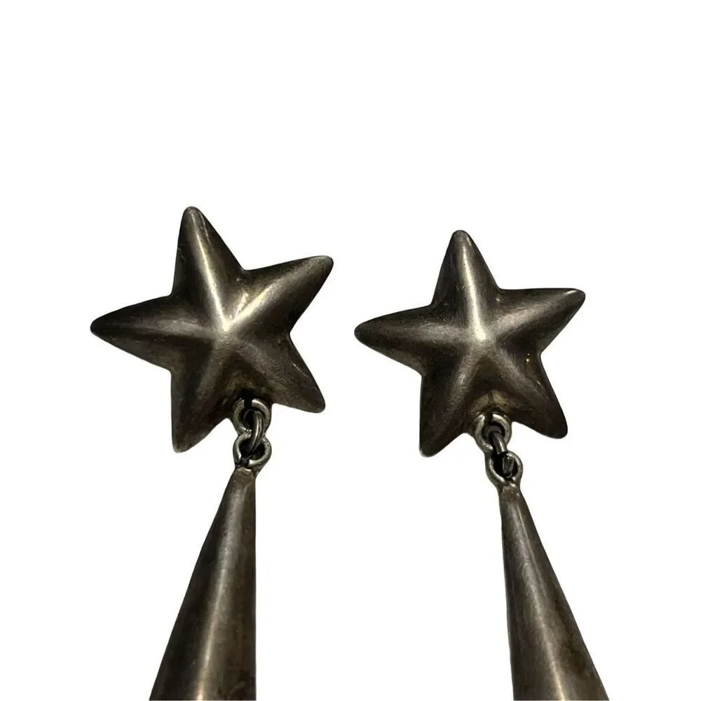SOLD Rare Taxco Sterling Silver Star Drop Earrings Vintage 1970s - Picture 4 of 11